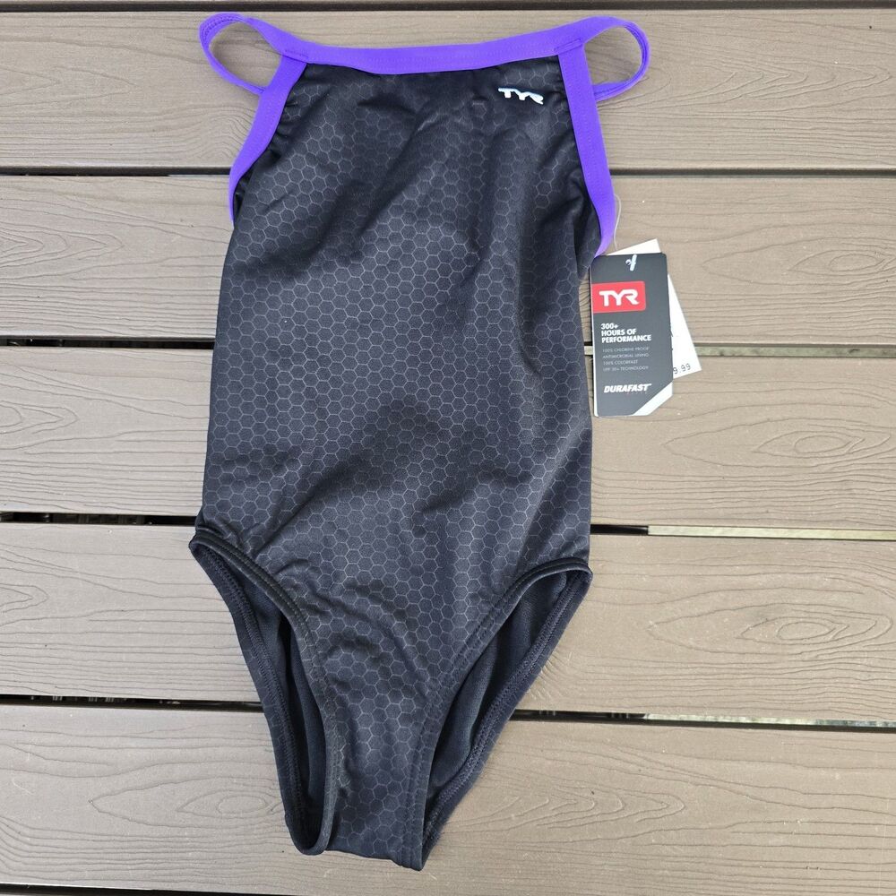 TYR Youth Girl's Durafast Elite Hexa Black Diamondfit 1 Piece Swim Sz 24 New